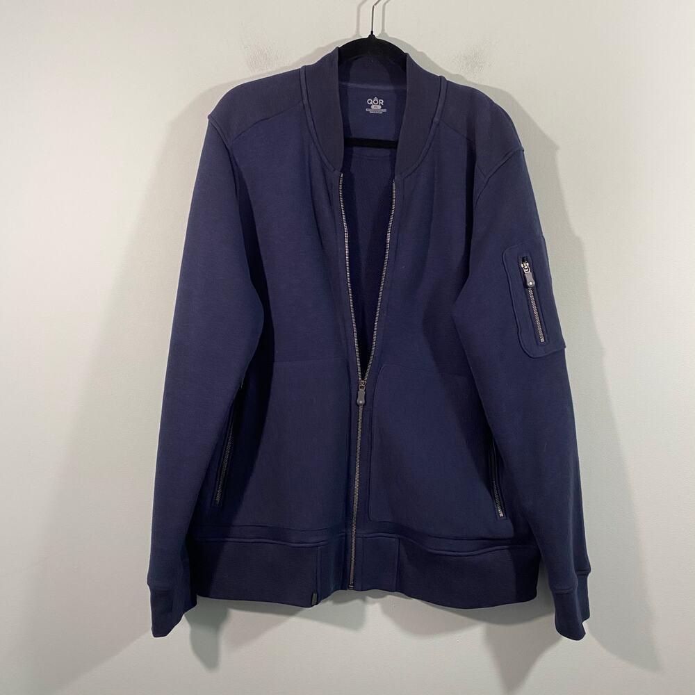 QOR Men Navy Blue Full Zip Knit Bomber Jacket Size XL